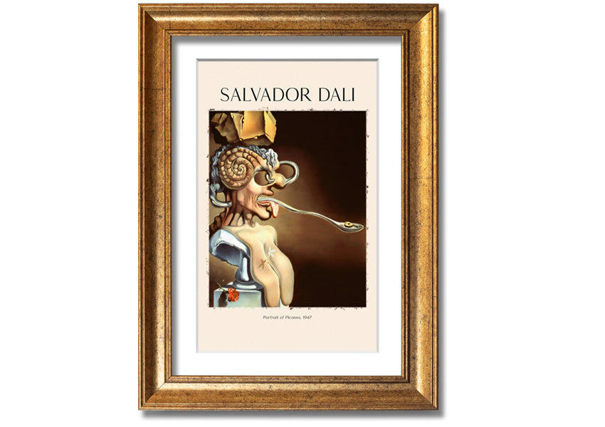 Portrait of Picasso, 1947 by Salvador Dali, featuring vibrant colors and intricate details, mounted on a sleek 44mm box frame.