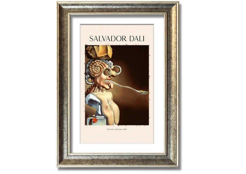Portrait of Picasso, 1947 by Salvador Dali, featuring vibrant colors and intricate details, mounted on a sleek 44mm box frame.