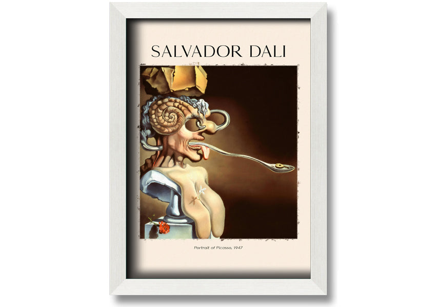 Portrait of Picasso, 1947 by Salvador Dali, featuring vibrant colors and intricate details, mounted on a sleek 44mm box frame.