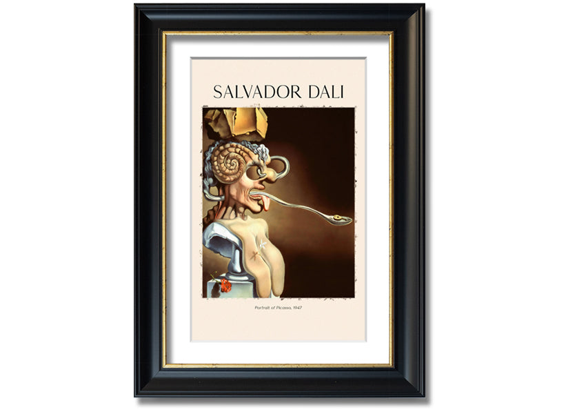 Portrait of Picasso, 1947 by Salvador Dali, featuring vibrant colors and intricate details, mounted on a sleek 44mm box frame.