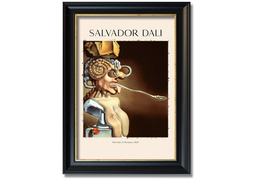 Portrait of Picasso, 1947 by Salvador Dali, featuring vibrant colors and intricate details, mounted on a sleek 44mm box frame.