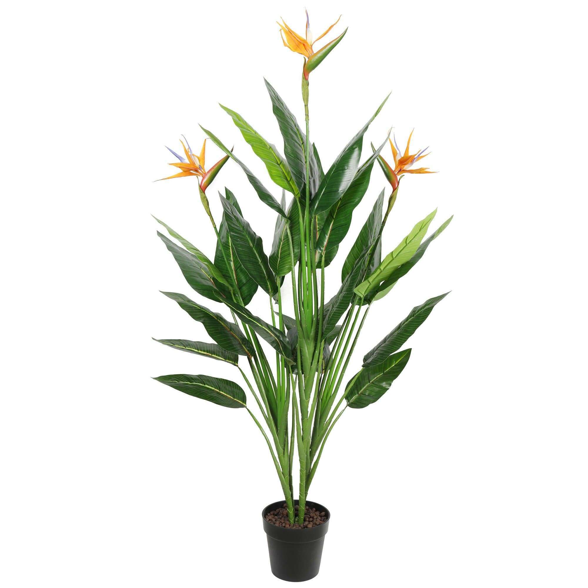 A 150cm tall Potted Artificial Bird of Paradise Plant with large green leaves and colorful blooms, showcasing its realistic design and vibrant appearance.