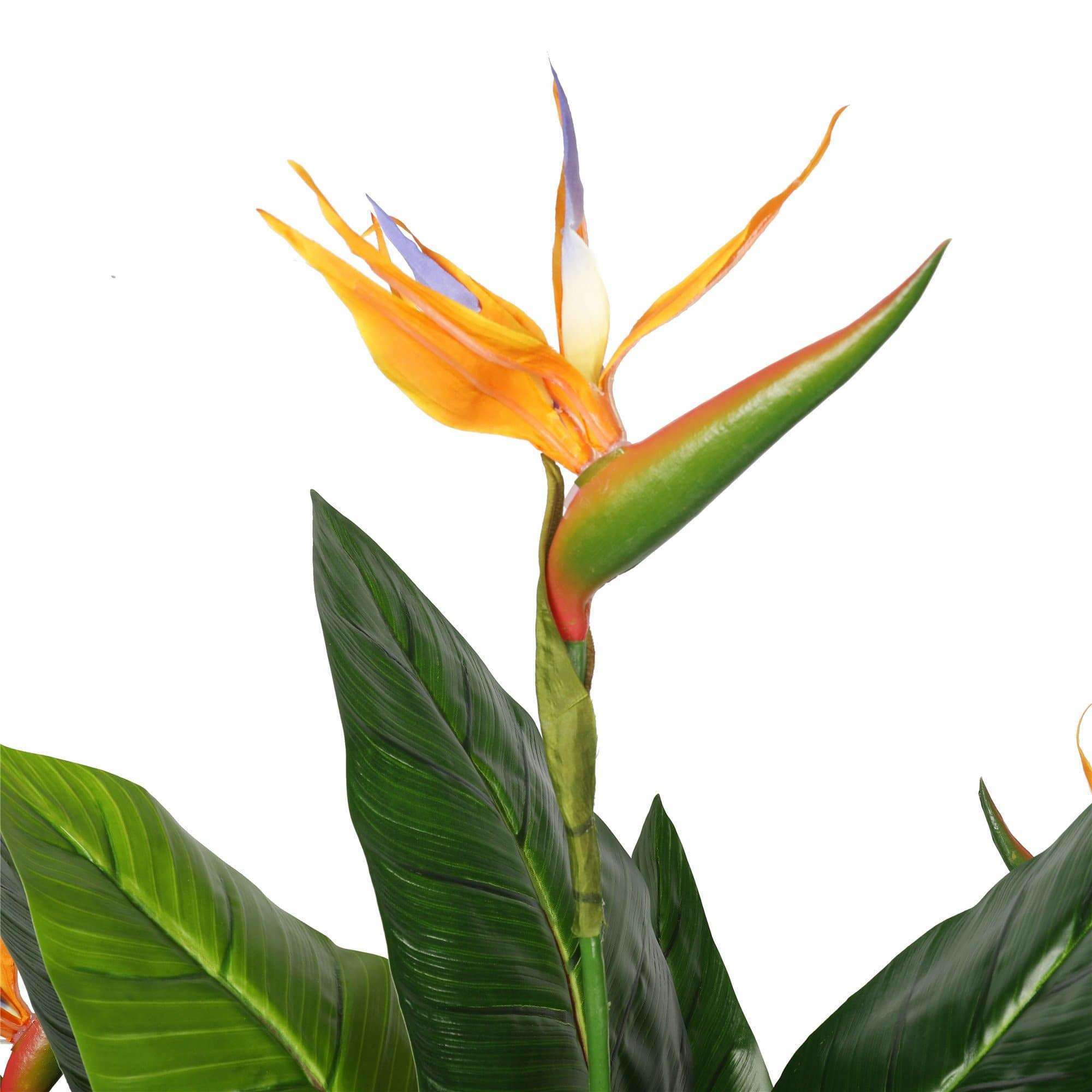 A 150cm tall Potted Artificial Bird of Paradise Plant with large green leaves and colorful blooms, showcasing its realistic design and vibrant appearance.