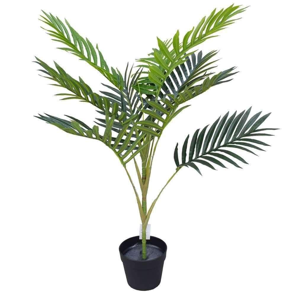 A 100cm tall Potted Artificial Mountain Palm Tree with lush green fronds in a sleek black pot, perfect for home decor.