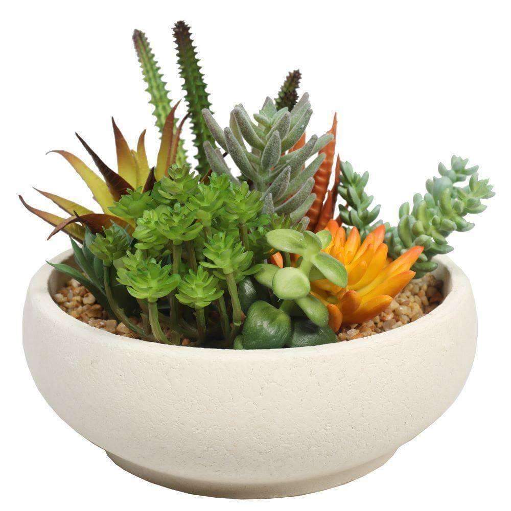 A beautifully arranged 21cm potted artificial succulent bowl in a natural stone pot, showcasing lifelike plants and elegant design.