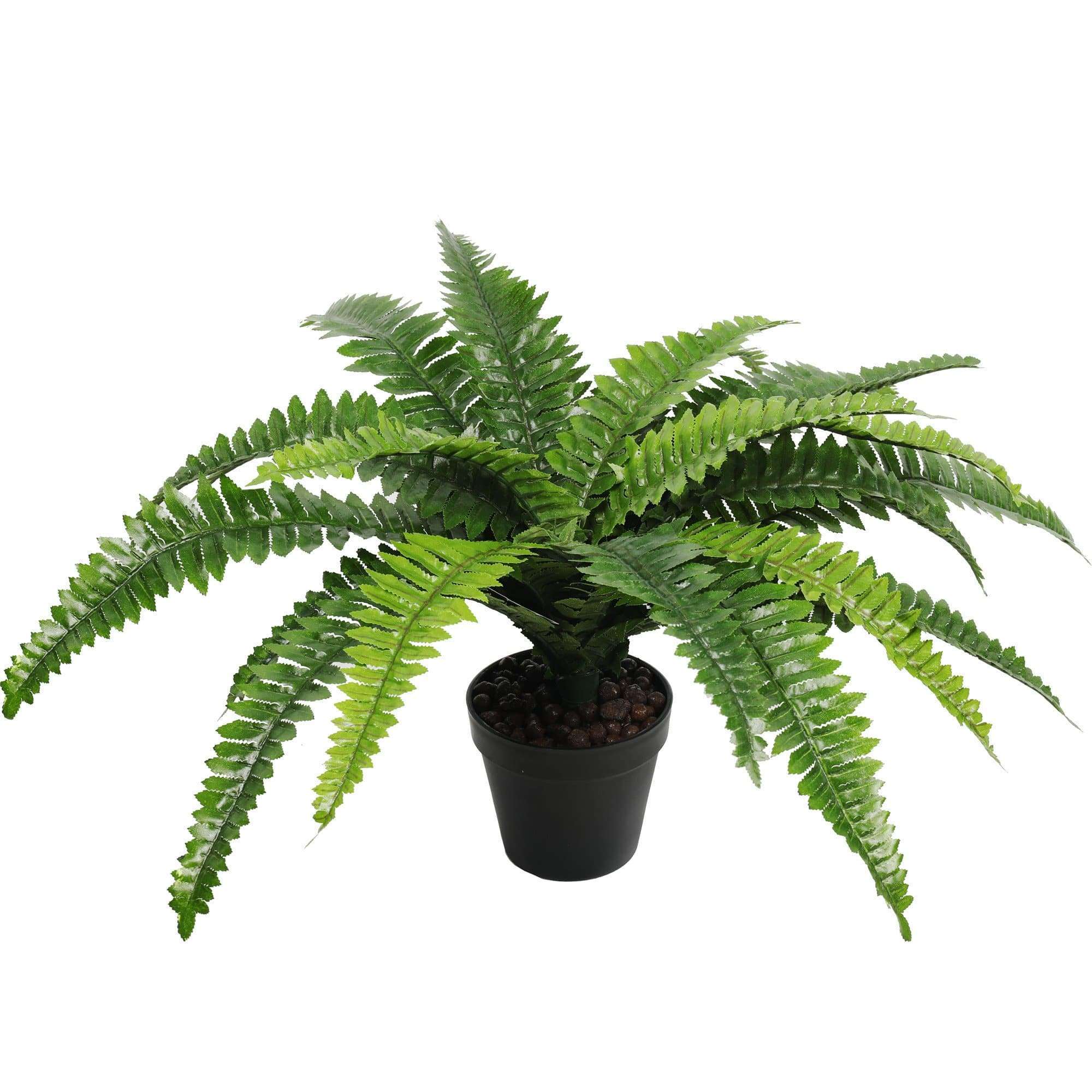 A lush, green artificial Boston fern in a decorative pot, showcasing realistic foliage and vibrant leaves, perfect for home decor.