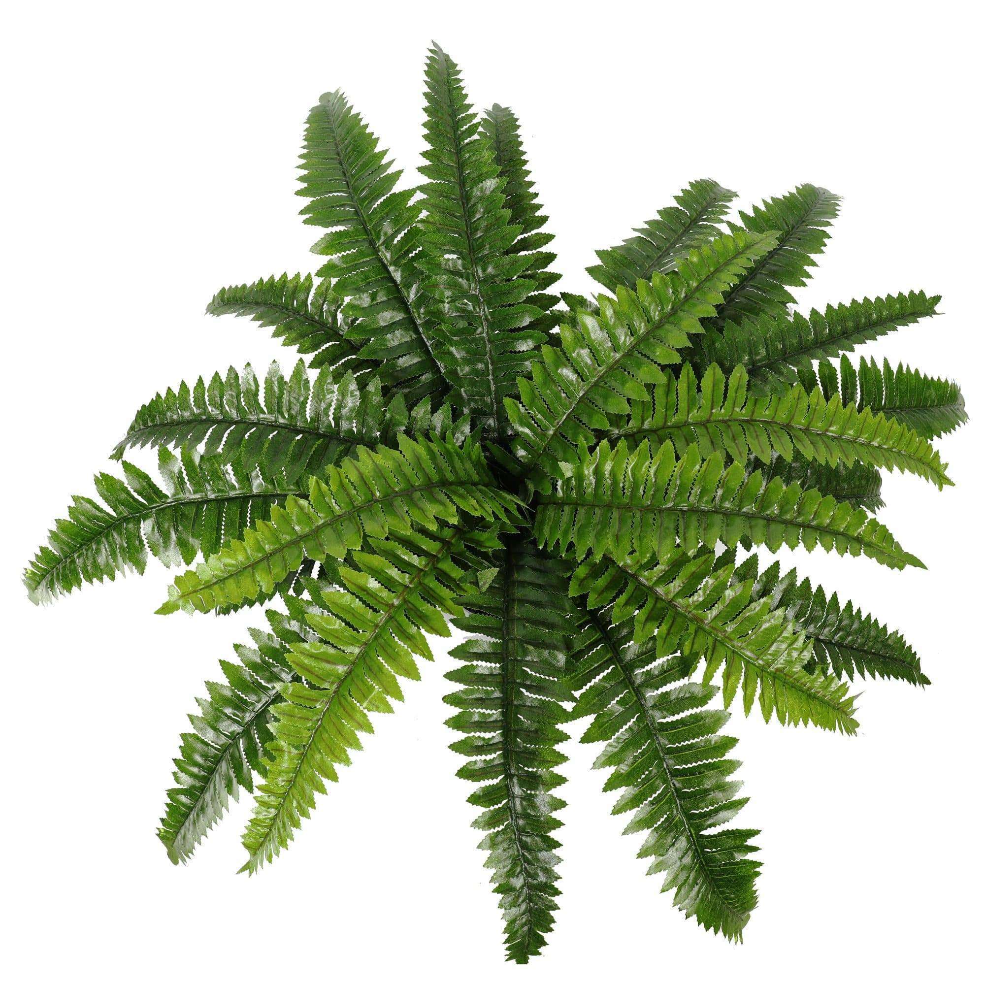 A lush, green artificial Boston fern in a decorative pot, showcasing realistic foliage and vibrant leaves, perfect for home decor.