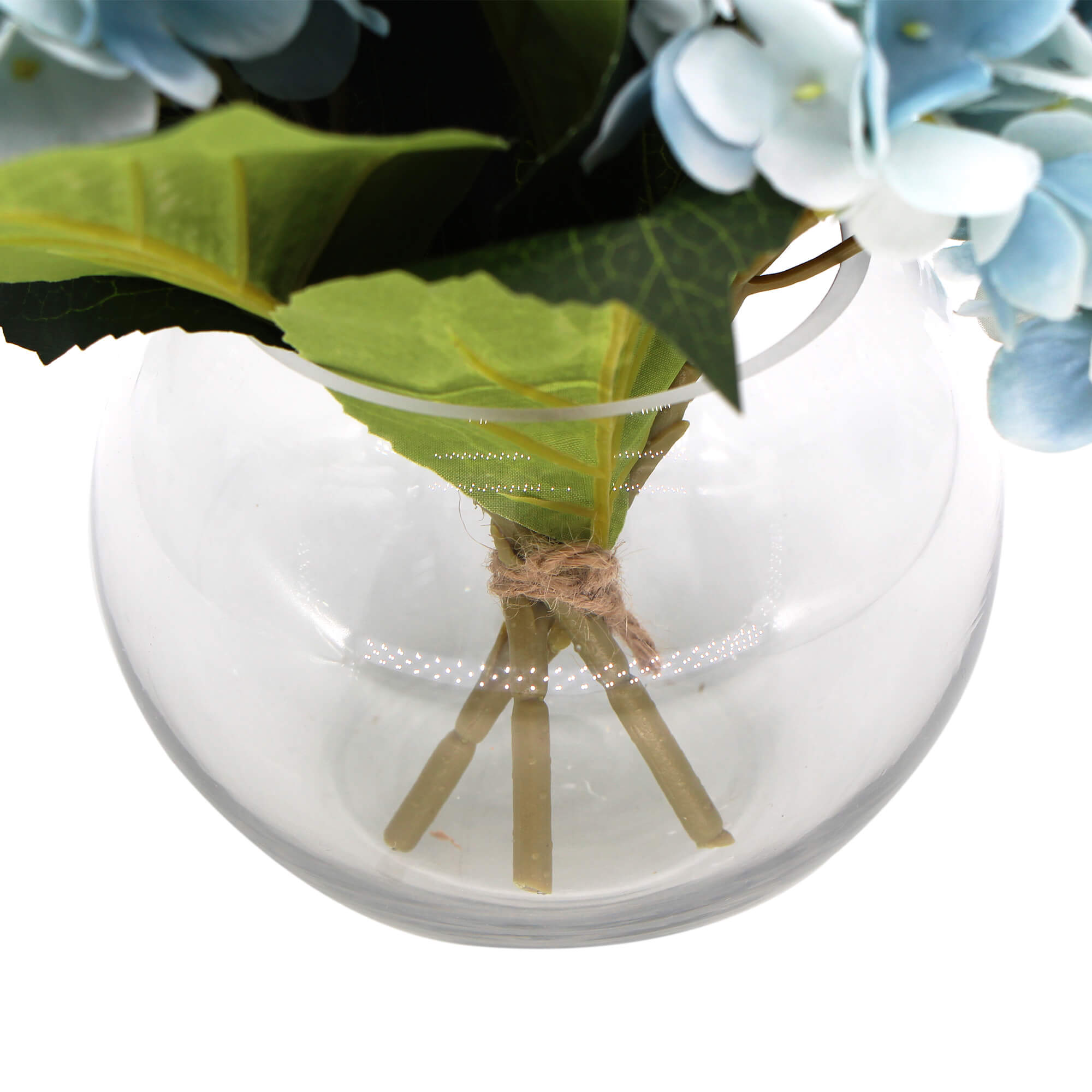 A beautiful arrangement of blue faux hydrangea flowers in a modern glass vase, perfect for home decor.