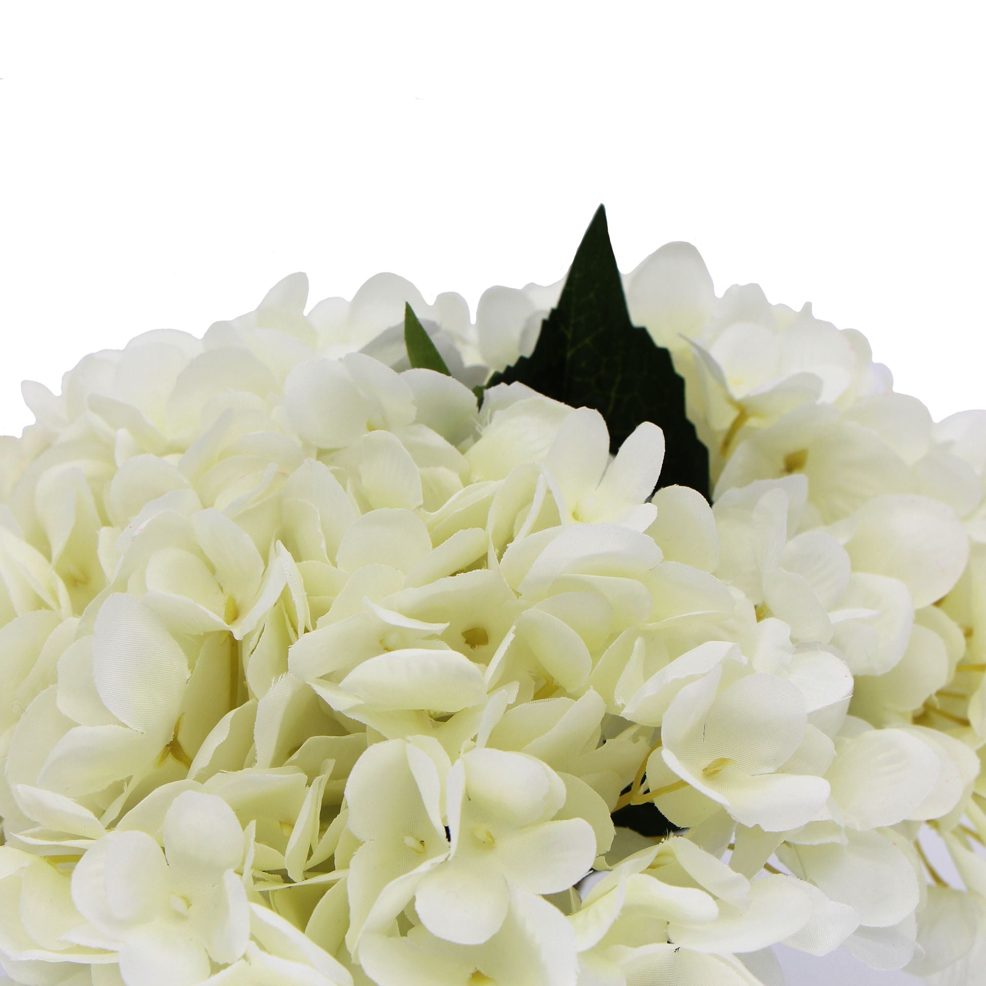 Premium faux hydrangea with delicate white petals arranged in a modern glass vase, perfect for home decor.