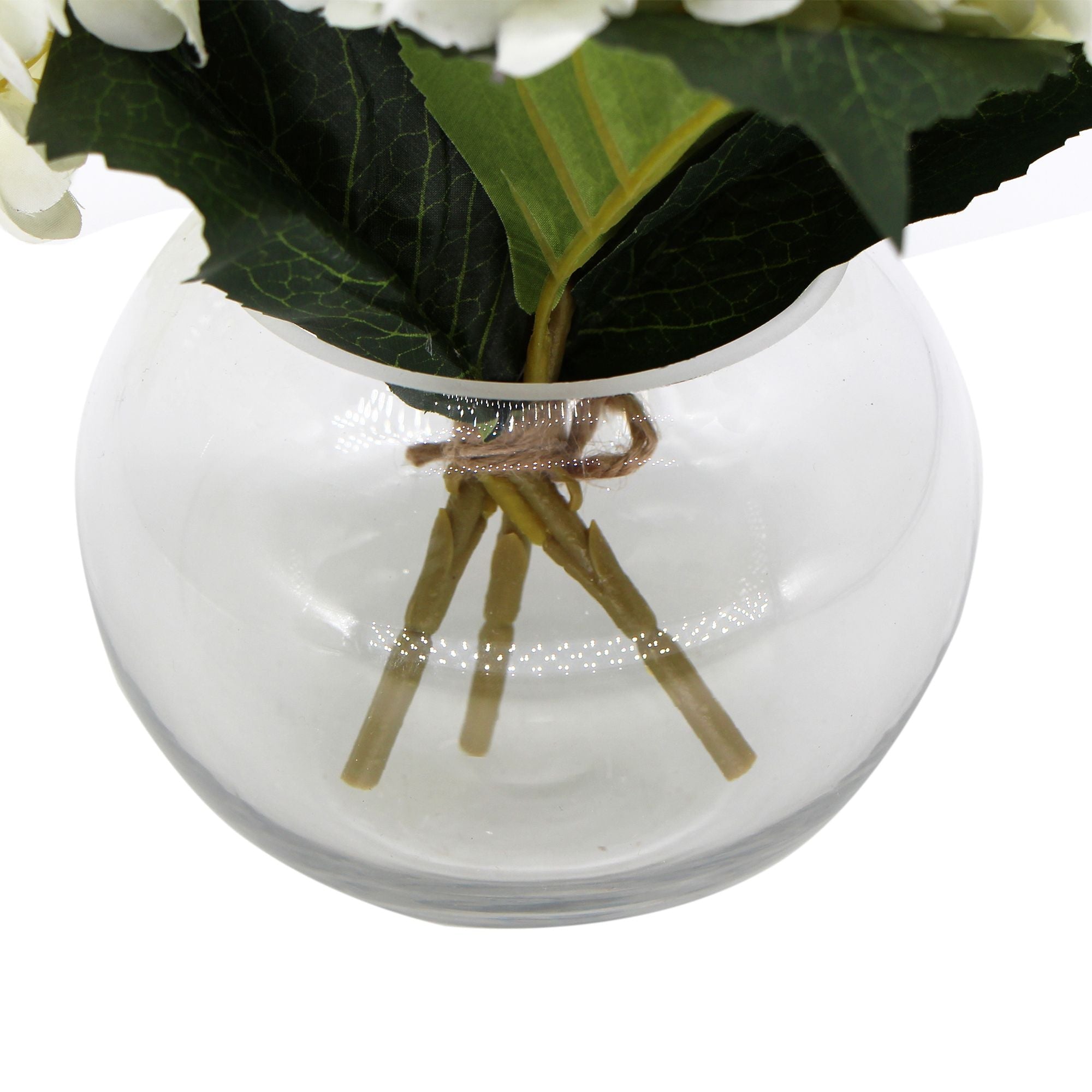 Premium faux hydrangea with delicate white petals arranged in a modern glass vase, perfect for home decor.