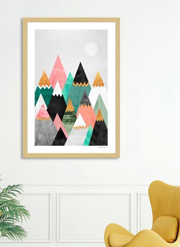 Pretty Mountains Frame made of solid wood with a contemporary angular design, featuring shatterproof acrylic and a smooth gesso finish.