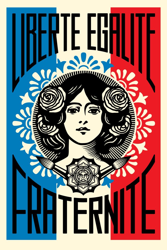 Print Liberté Egalité Fraternité by SHEPARD FAIREY, featuring vibrant colors and bold imagery, signed and dated by the artist.