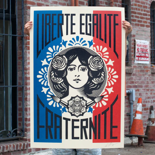 Print Liberté Egalité Fraternité by SHEPARD FAIREY, featuring vibrant colors and bold imagery, signed and dated by the artist.