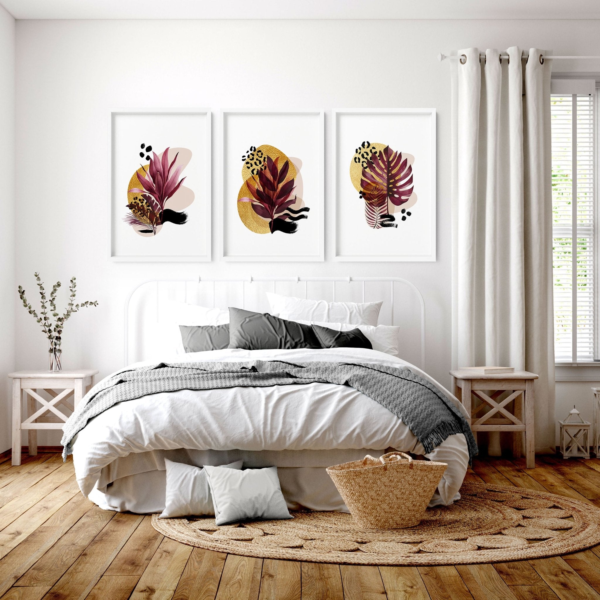 Set of 3 vibrant tropical botanical wall art prints in rich burgundy and gold tones, perfect for bedroom decor.