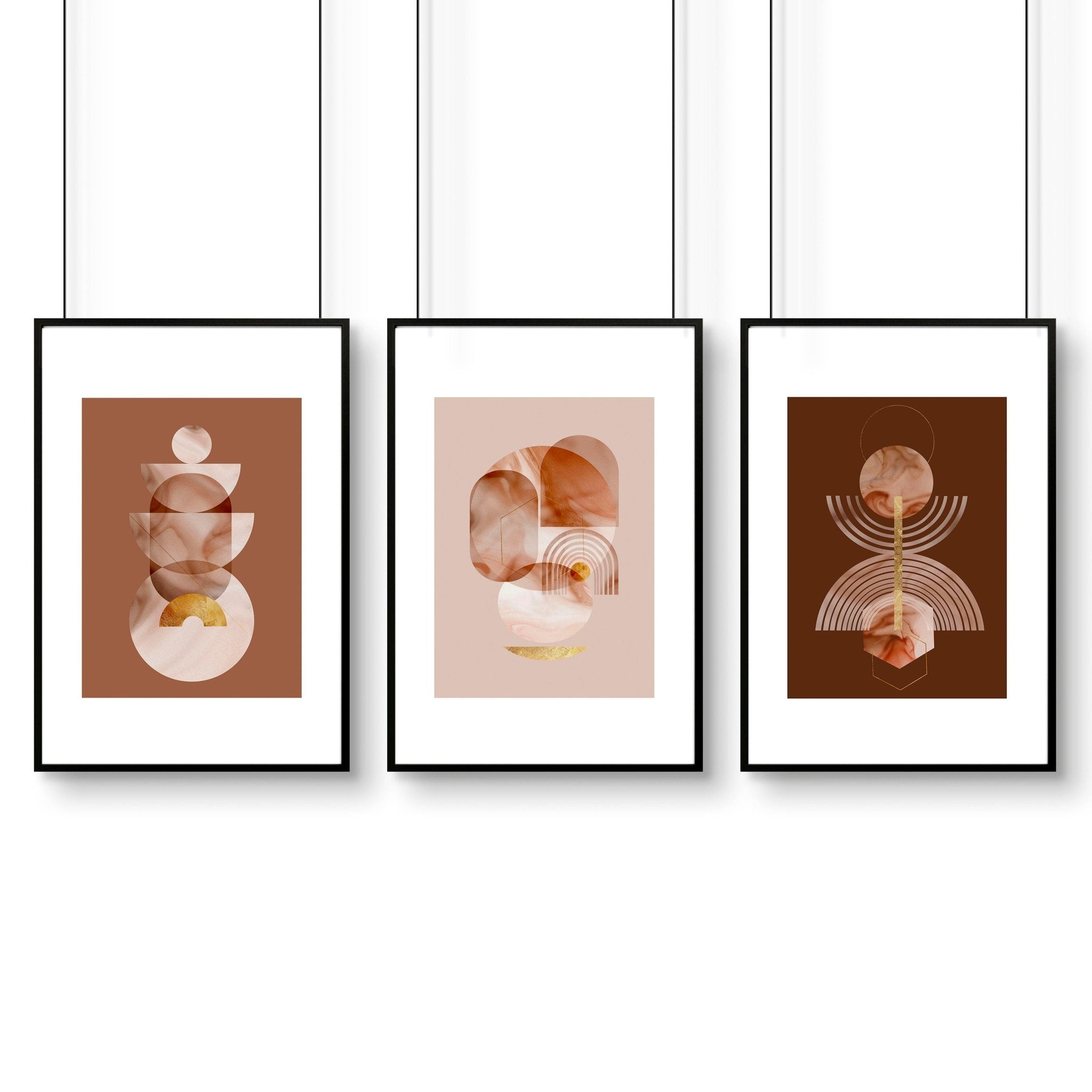 Set of 3 framed wall art prints featuring mid-century designs in Terracotta, Peach, and Muted Gold colors, perfect for office decor.