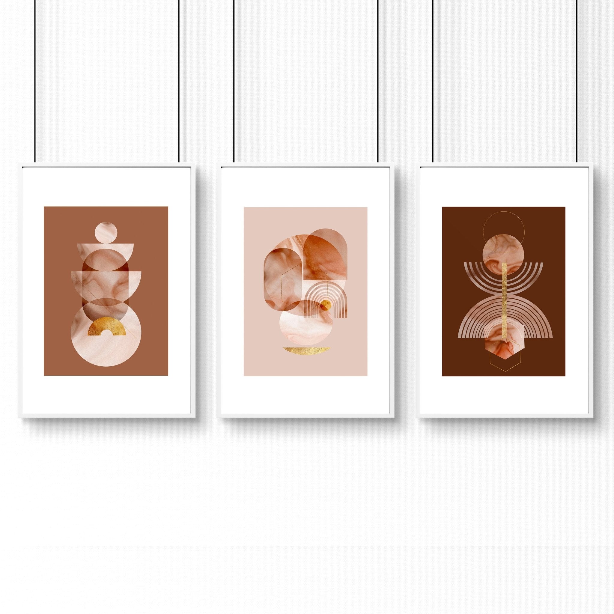 Set of 3 framed wall art prints featuring mid-century designs in Terracotta, Peach, and Muted Gold colors, perfect for office decor.