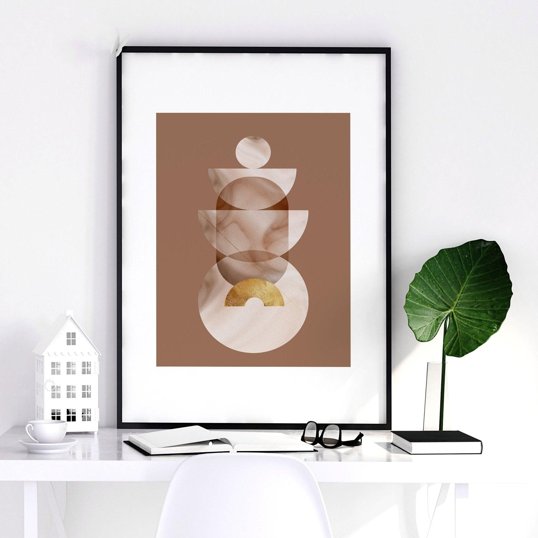 Set of 3 framed wall art prints featuring mid-century designs in Terracotta, Peach, and Muted Gold colors, perfect for office decor.