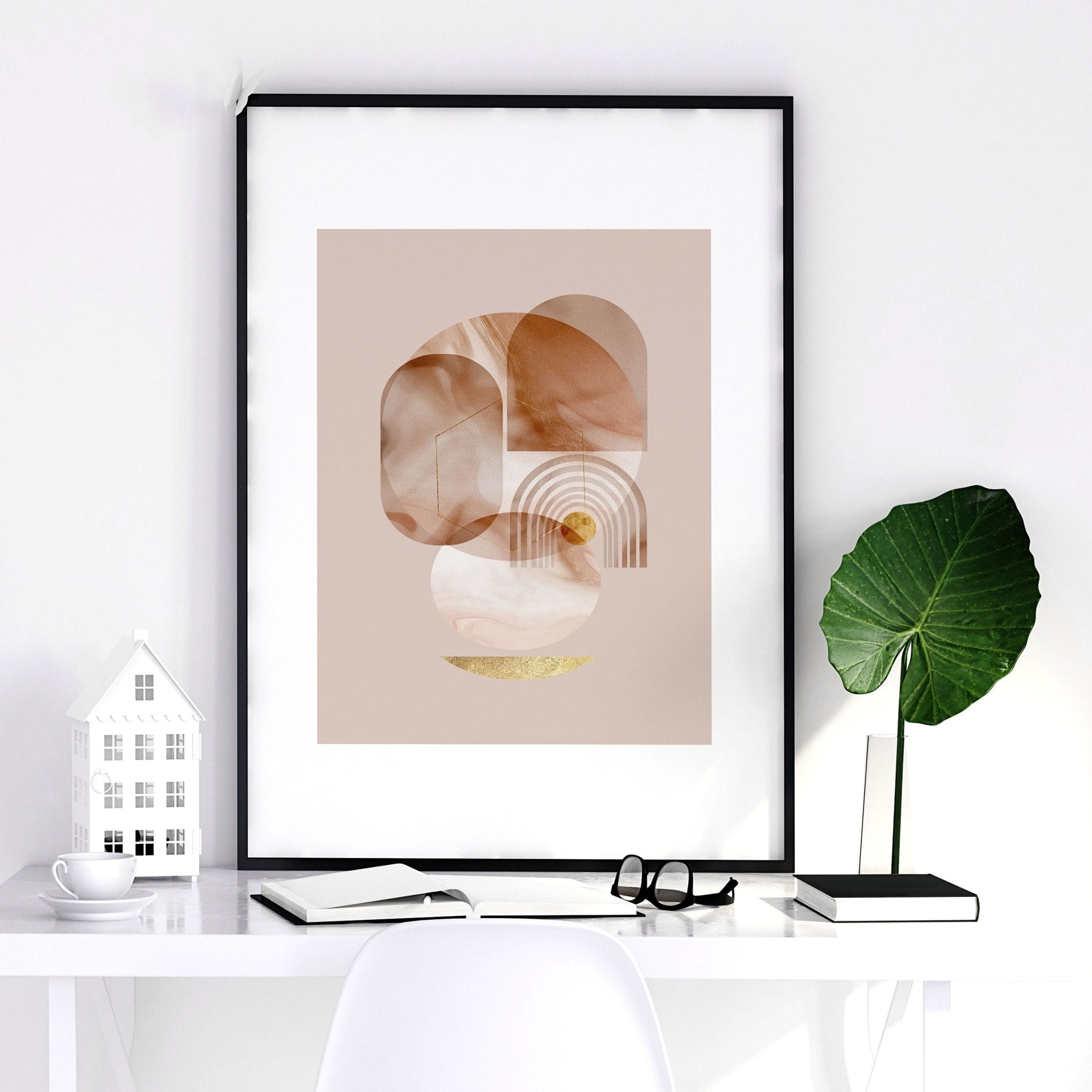 Set of 3 framed wall art prints featuring mid-century designs in Terracotta, Peach, and Muted Gold colors, perfect for office decor.
