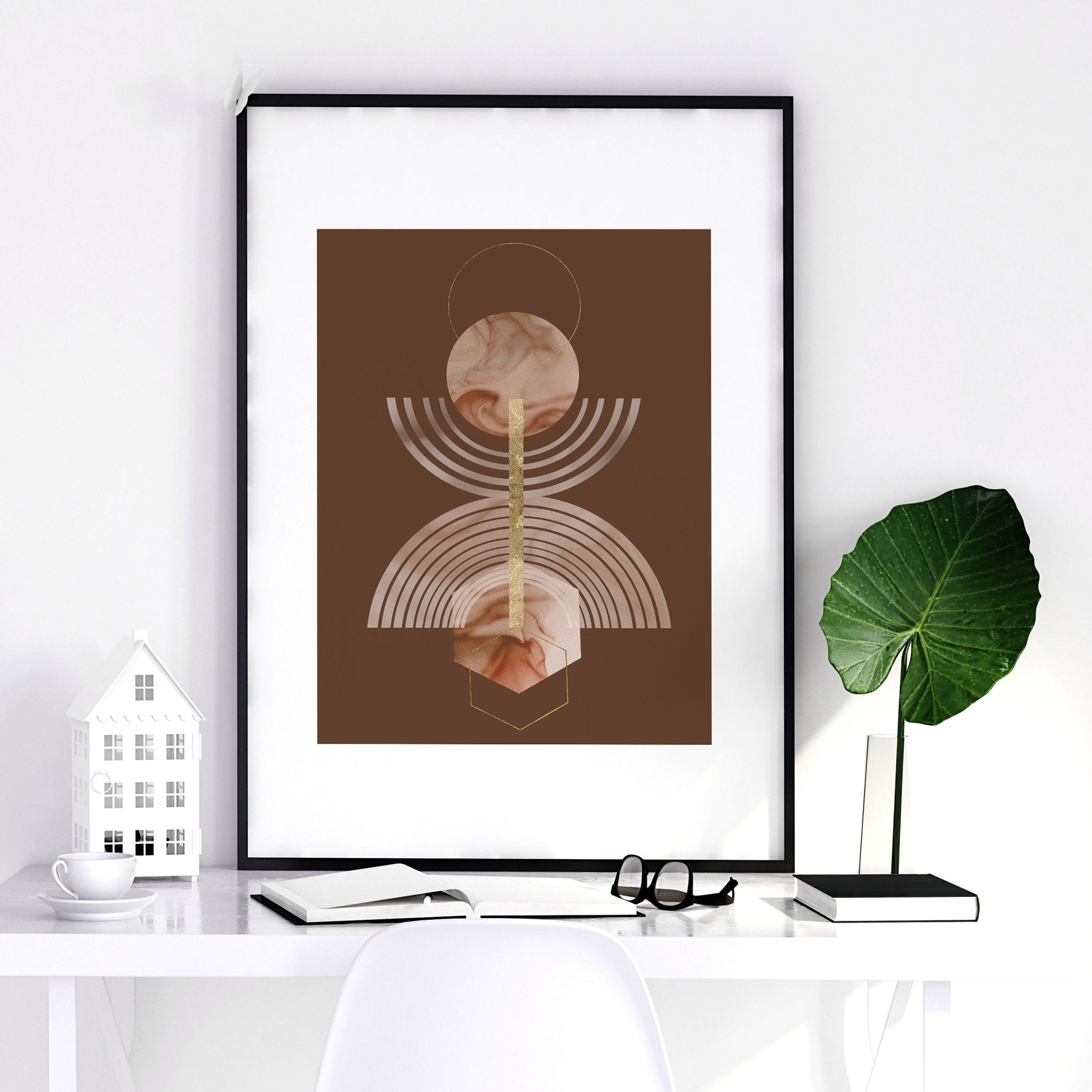 Set of 3 framed wall art prints featuring mid-century designs in Terracotta, Peach, and Muted Gold colors, perfect for office decor.