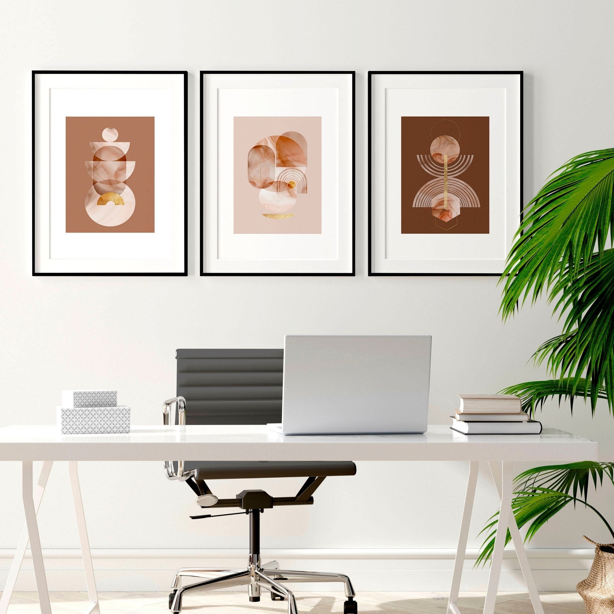 Set of 3 framed wall art prints featuring mid-century designs in Terracotta, Peach, and Muted Gold colors, perfect for office decor.