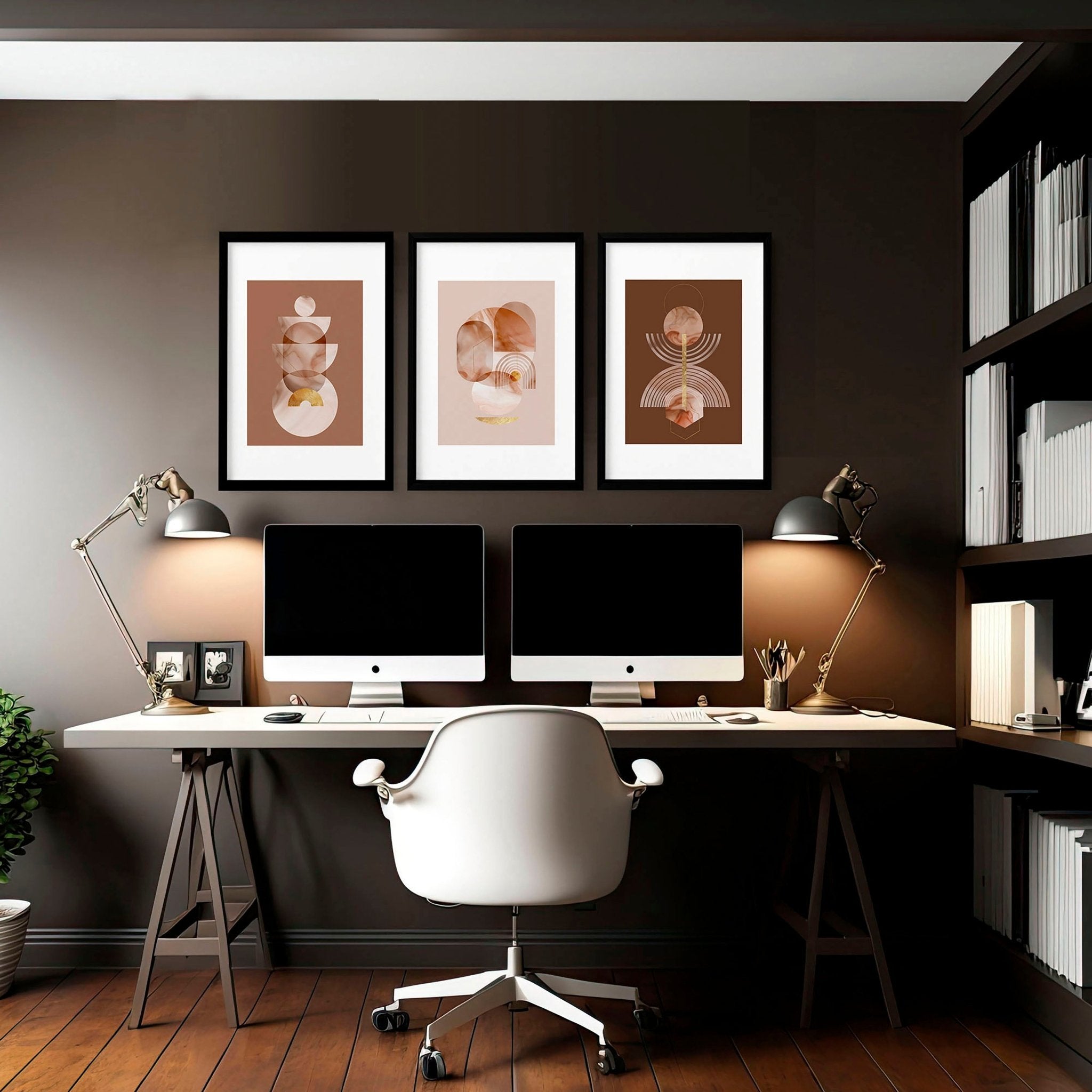 Set of 3 framed wall art prints featuring mid-century designs in Terracotta, Peach, and Muted Gold colors, perfect for office decor.