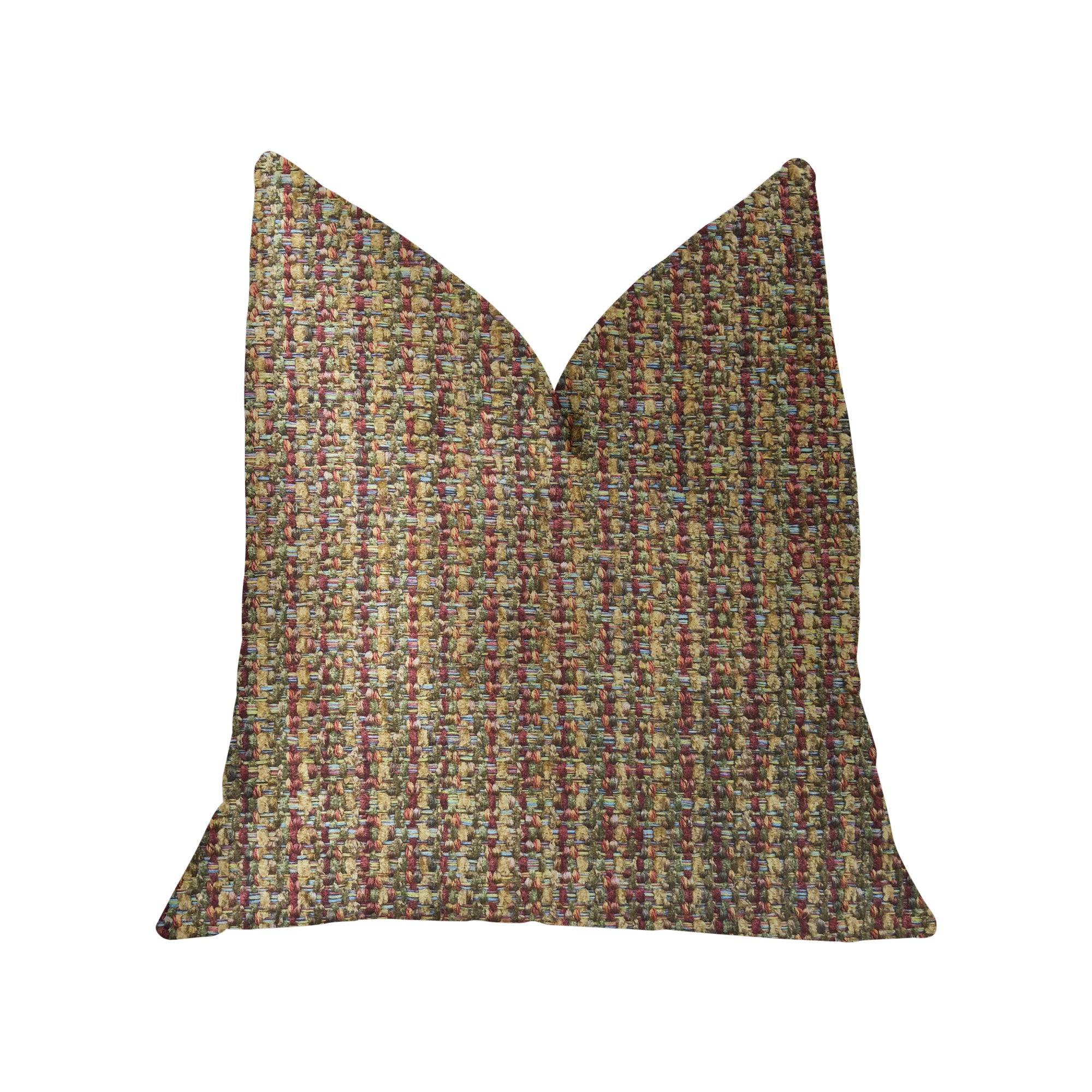 Prismatic red and brown luxury throw pillow with a woven pattern, featuring an invisible zipper and handmade craftsmanship.