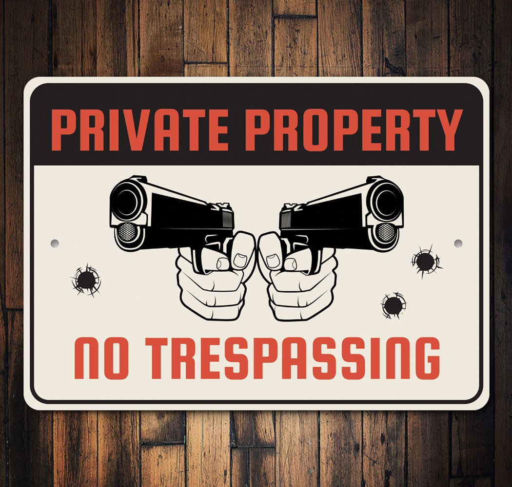 Private Property No Trespassing Sign made of durable aluminum, featuring customizable text and pre-drilled holes for easy mounting.