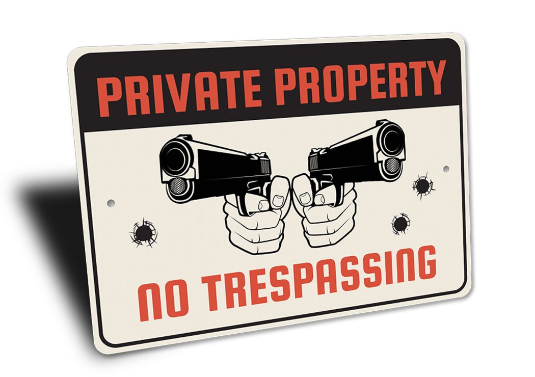Private Property No Trespassing Sign made of durable aluminum, featuring customizable text and pre-drilled holes for easy mounting.