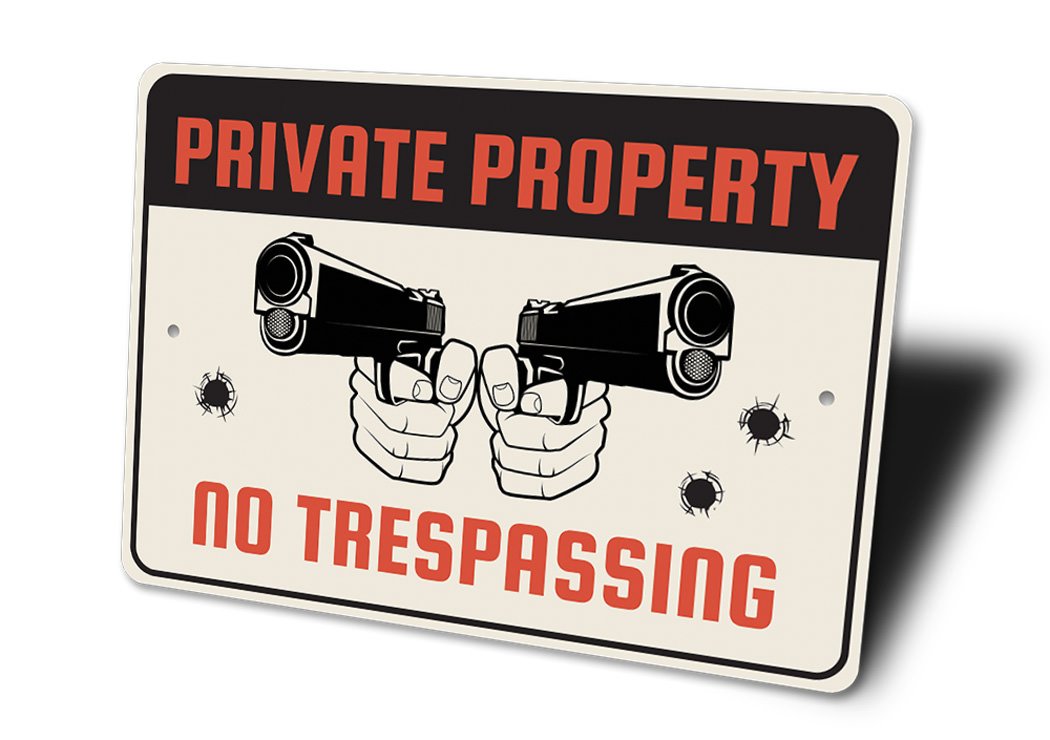 Private Property No Trespassing Sign made of durable aluminum, featuring customizable text and pre-drilled holes for easy mounting.