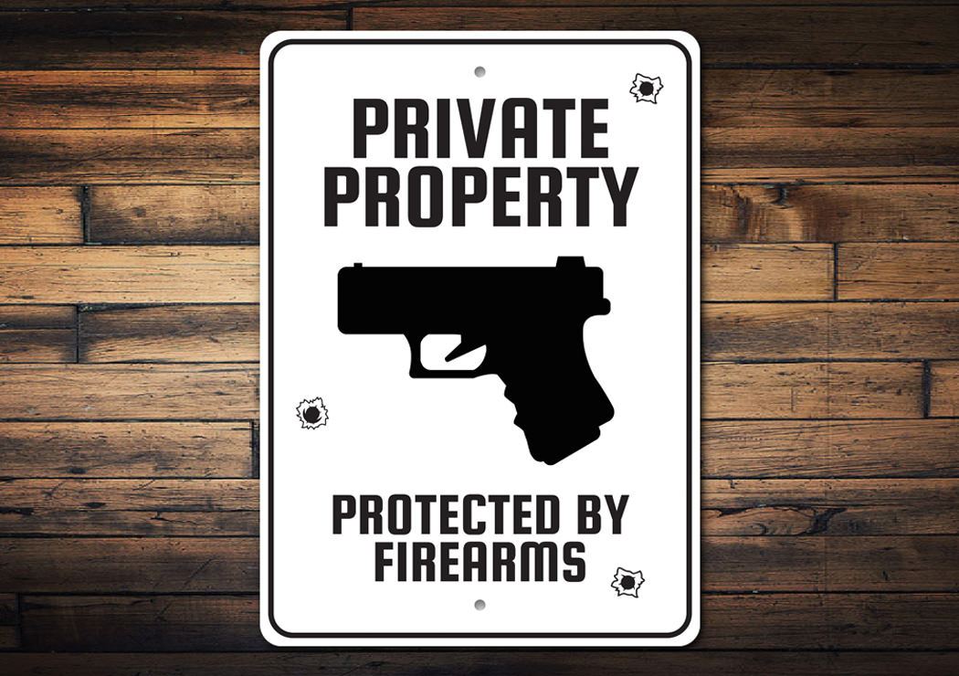 Private Property Protected by Firearms Caution Sign made of durable aluminum, featuring clear text and vibrant colors for visibility.