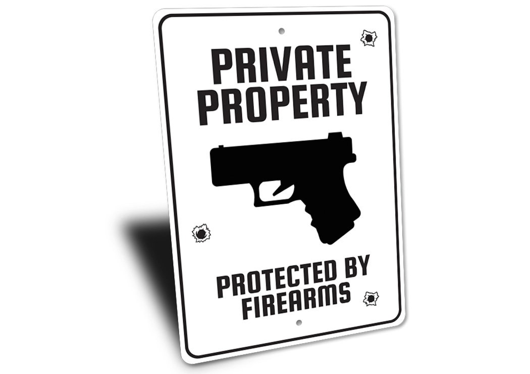 Private Property Protected by Firearms Caution Sign made of durable aluminum, featuring clear text and vibrant colors for visibility.