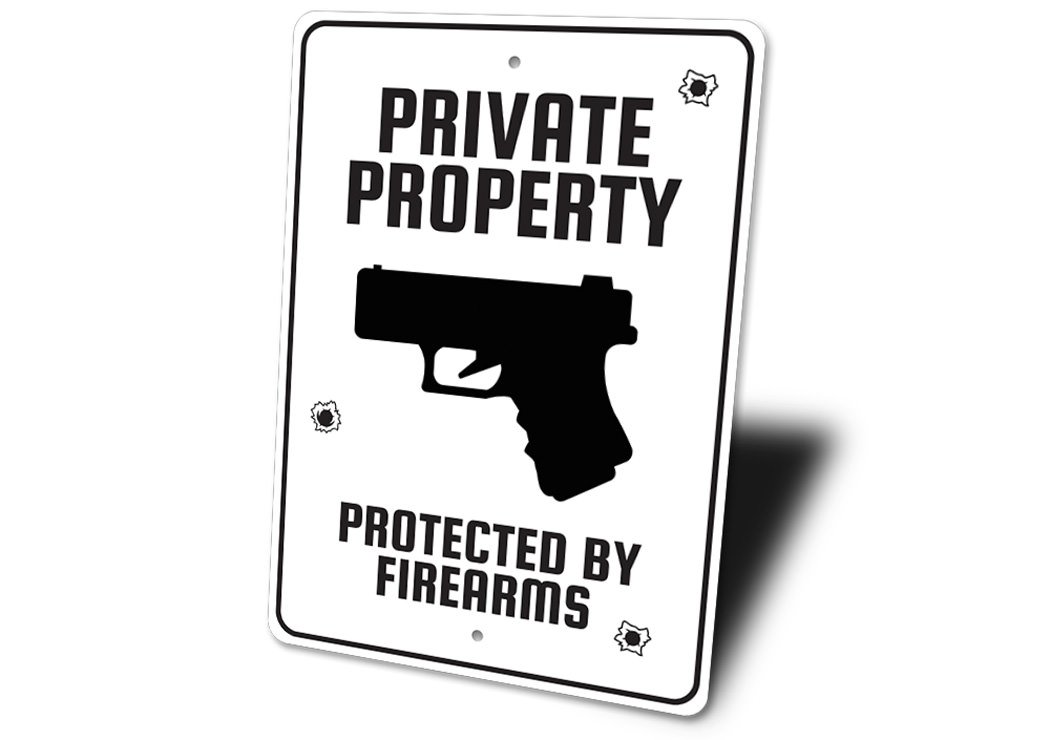 Private Property Protected by Firearms Caution Sign made of durable aluminum, featuring clear text and vibrant colors for visibility.