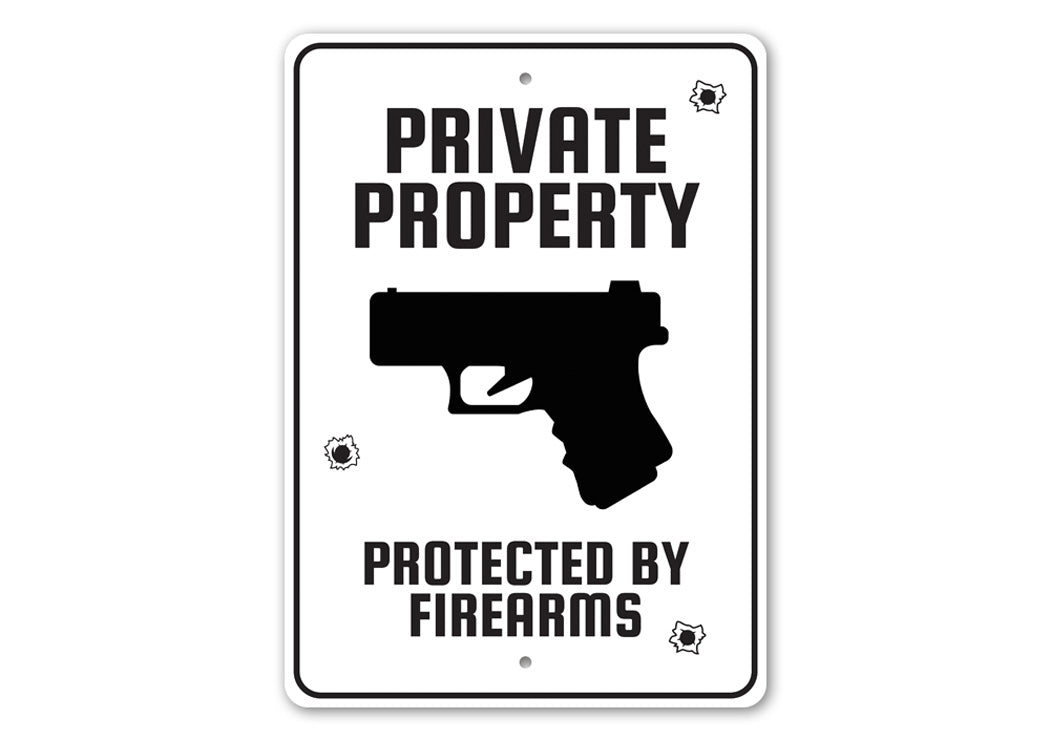 Private Property Protected by Firearms Caution Sign made of durable aluminum, featuring clear text and vibrant colors for visibility.