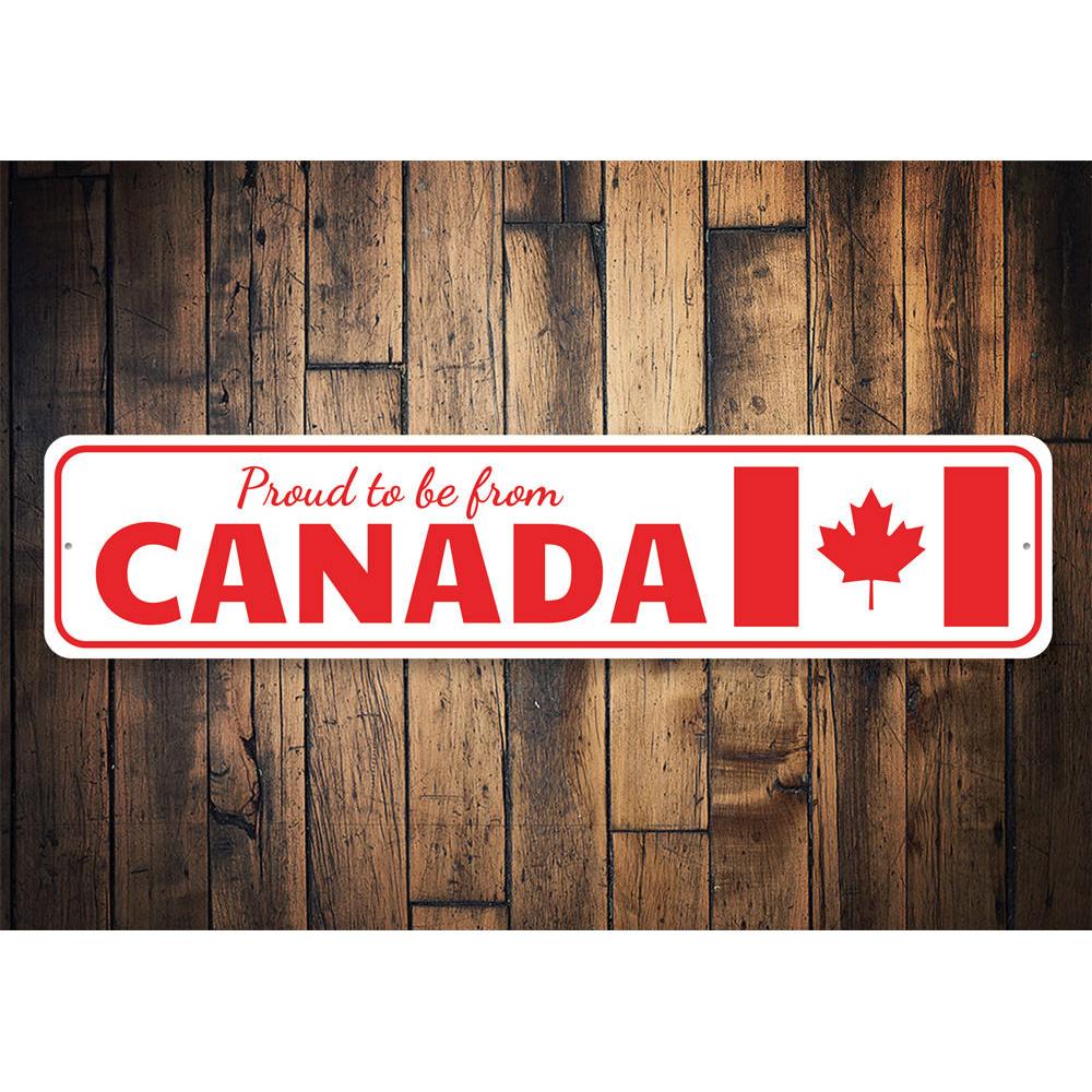 Proud Canadian Sign made of high-quality aluminum, featuring vibrant colors and customizable text, perfect for home decor.