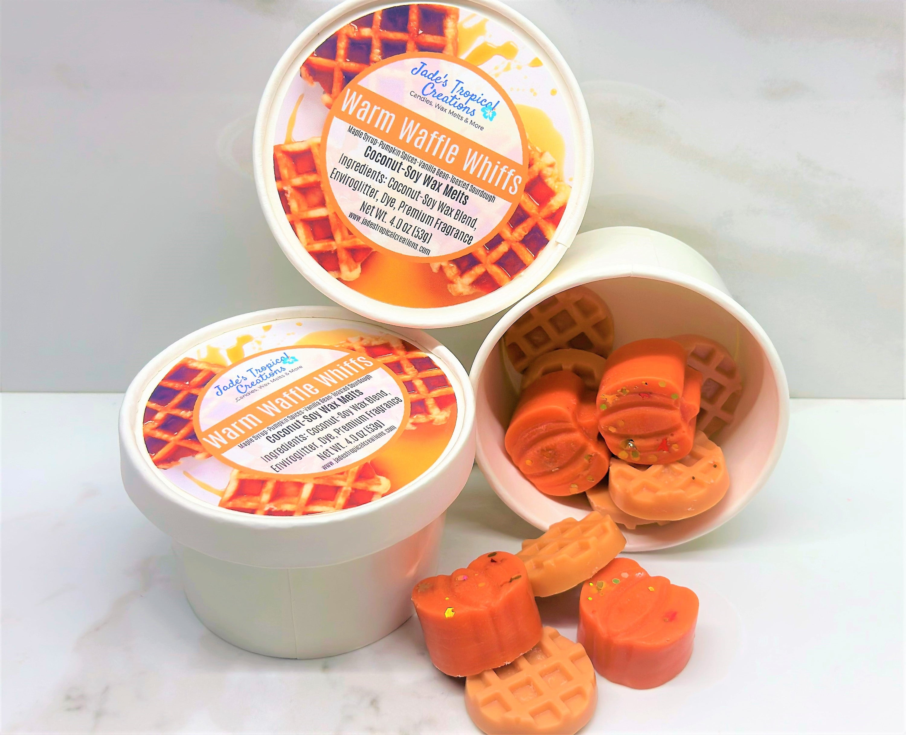 Pumpkin Waffle Wax Melts in a decorative dish, showcasing their rich, warm colors and inviting aroma.