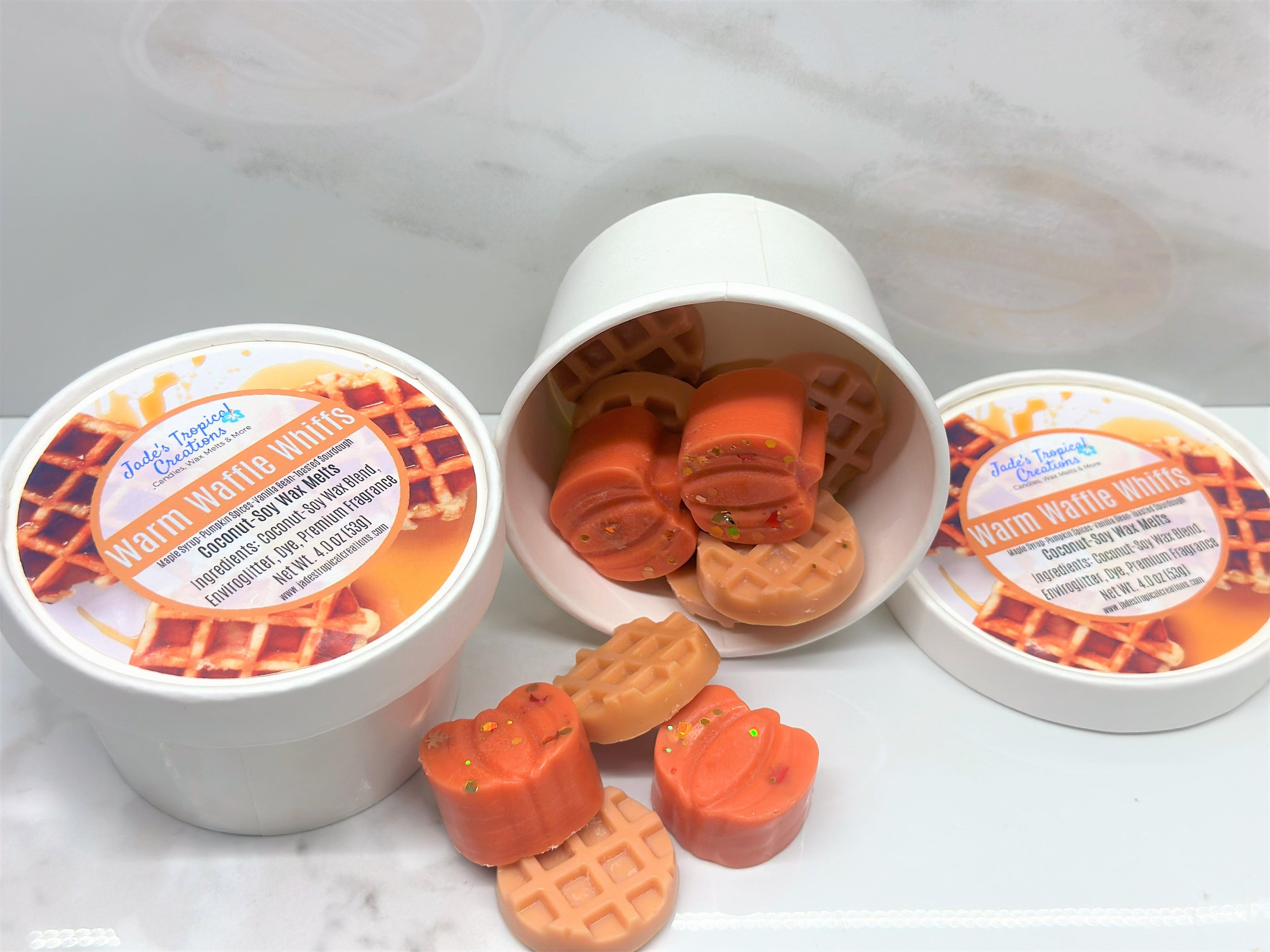 Pumpkin Waffle Wax Melts in a decorative dish, showcasing their rich, warm colors and inviting aroma.