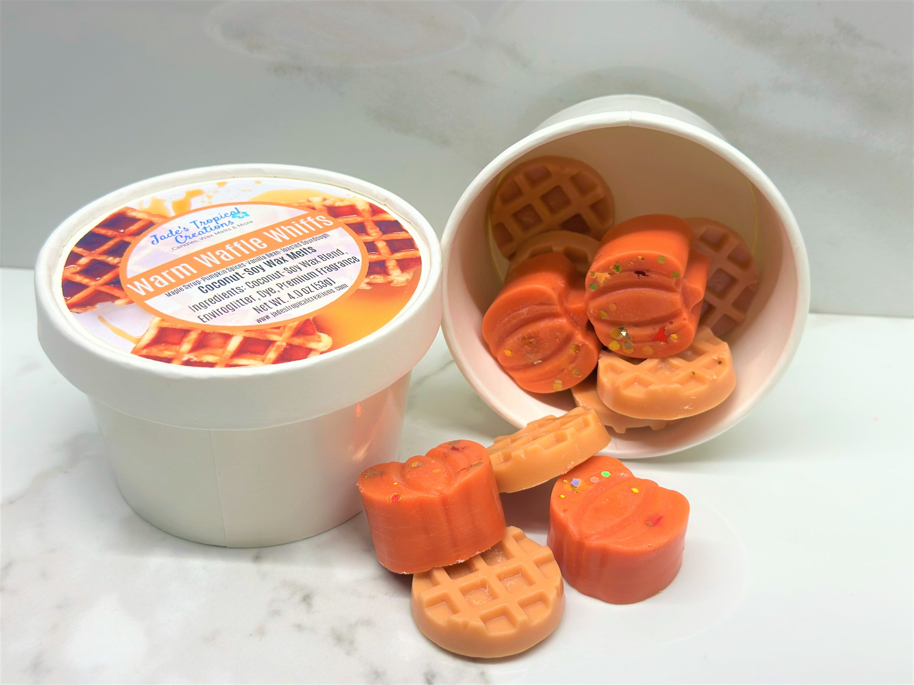 Pumpkin Waffle Wax Melts in a decorative dish, showcasing their rich, warm colors and inviting aroma.