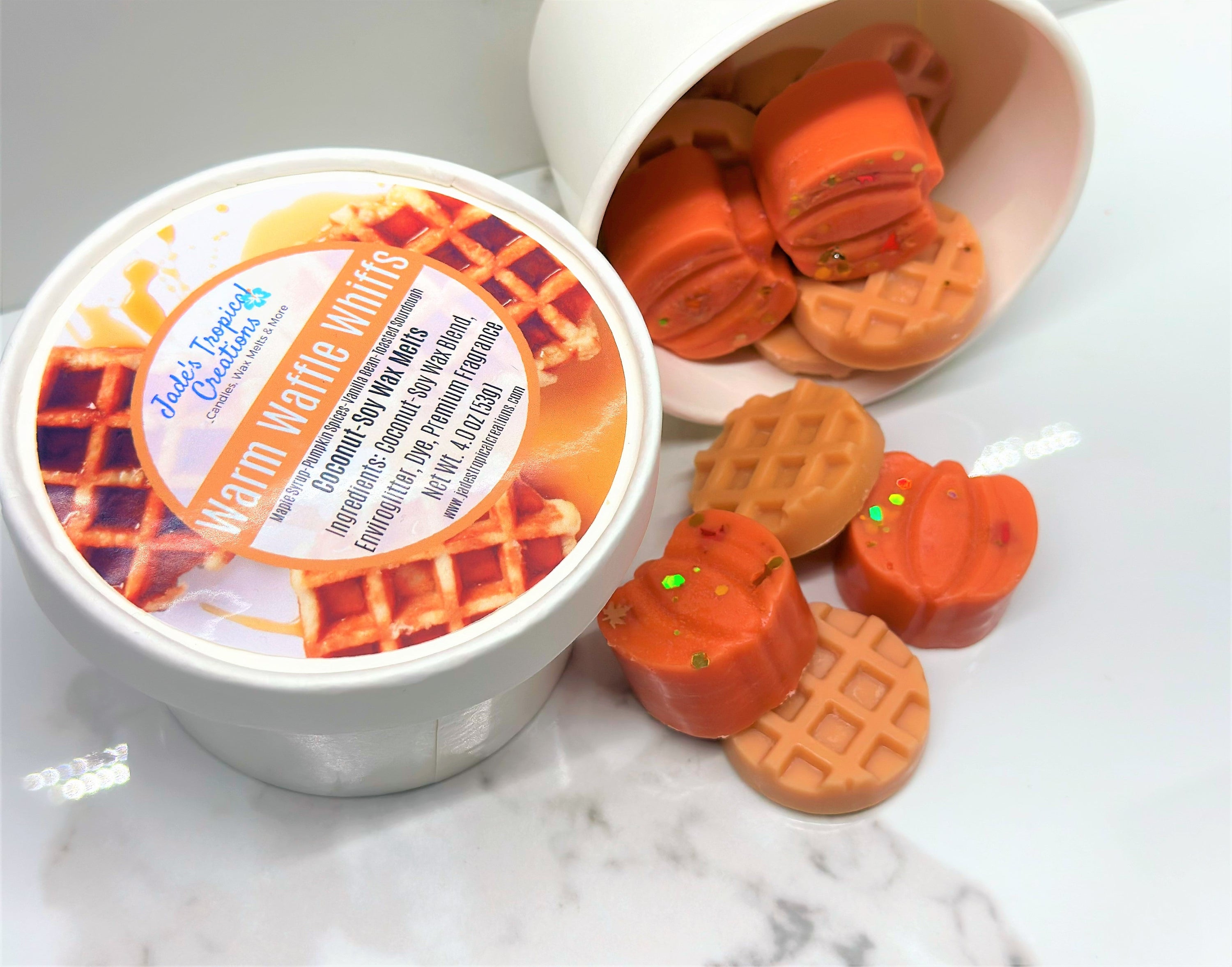Pumpkin Waffle Wax Melts in a decorative dish, showcasing their rich, warm colors and inviting aroma.