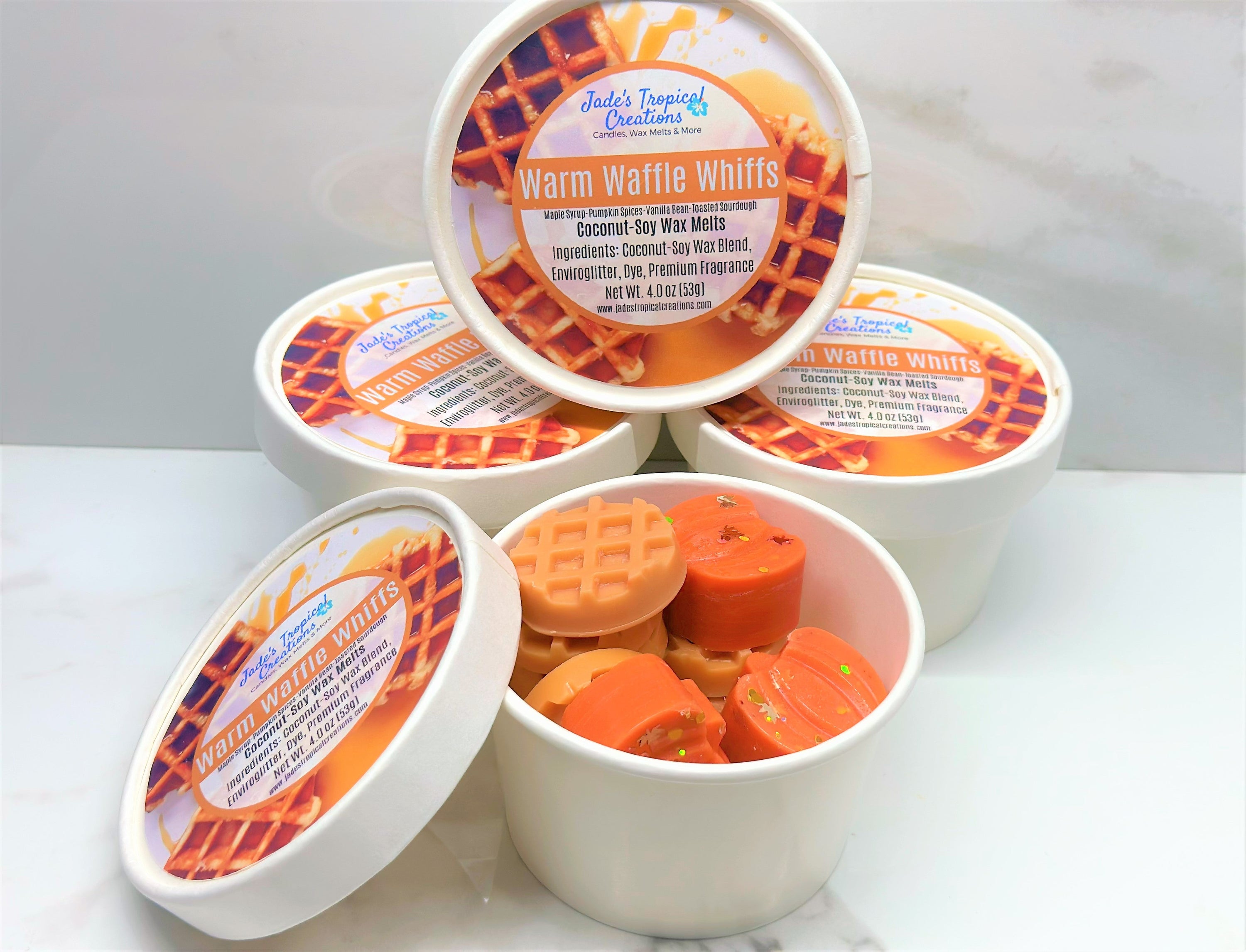 Pumpkin Waffle Wax Melts in a decorative dish, showcasing their rich, warm colors and inviting aroma.