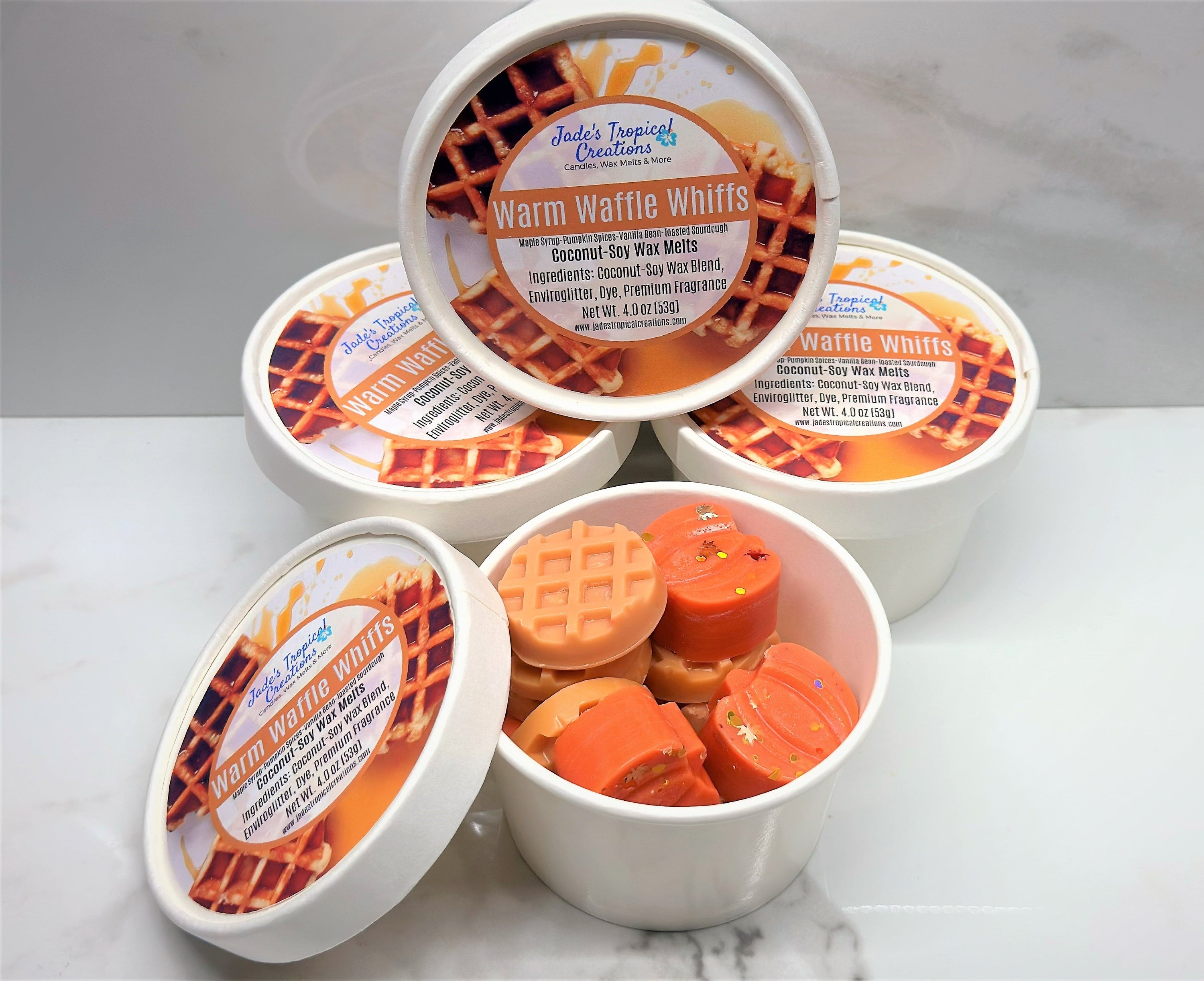 Pumpkin Waffle Wax Melts in a decorative dish, showcasing their rich, warm colors and inviting aroma.