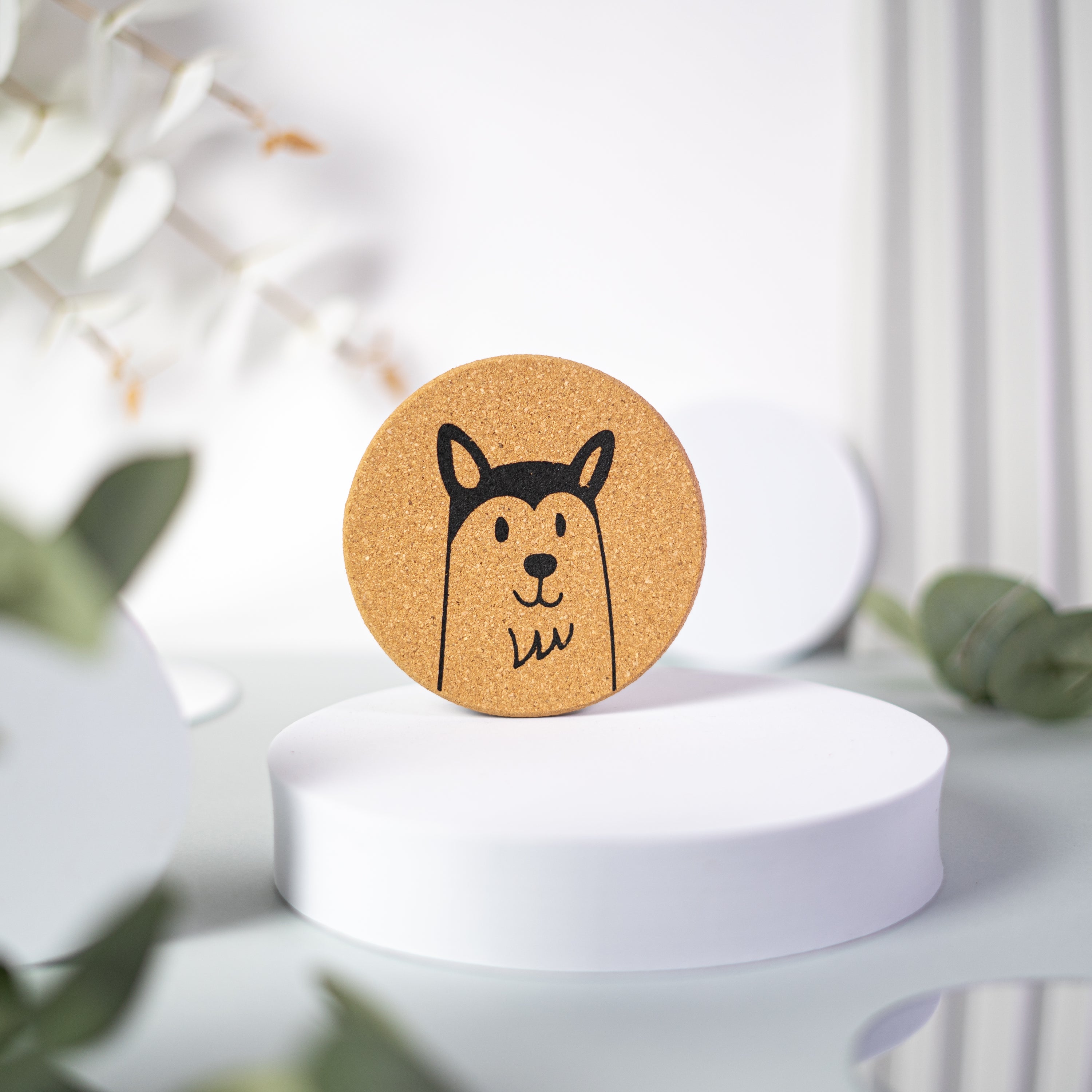 Set of 6 round cork coasters featuring cute dog designs including Saint Bernards, Labrador Retrievers, and more.