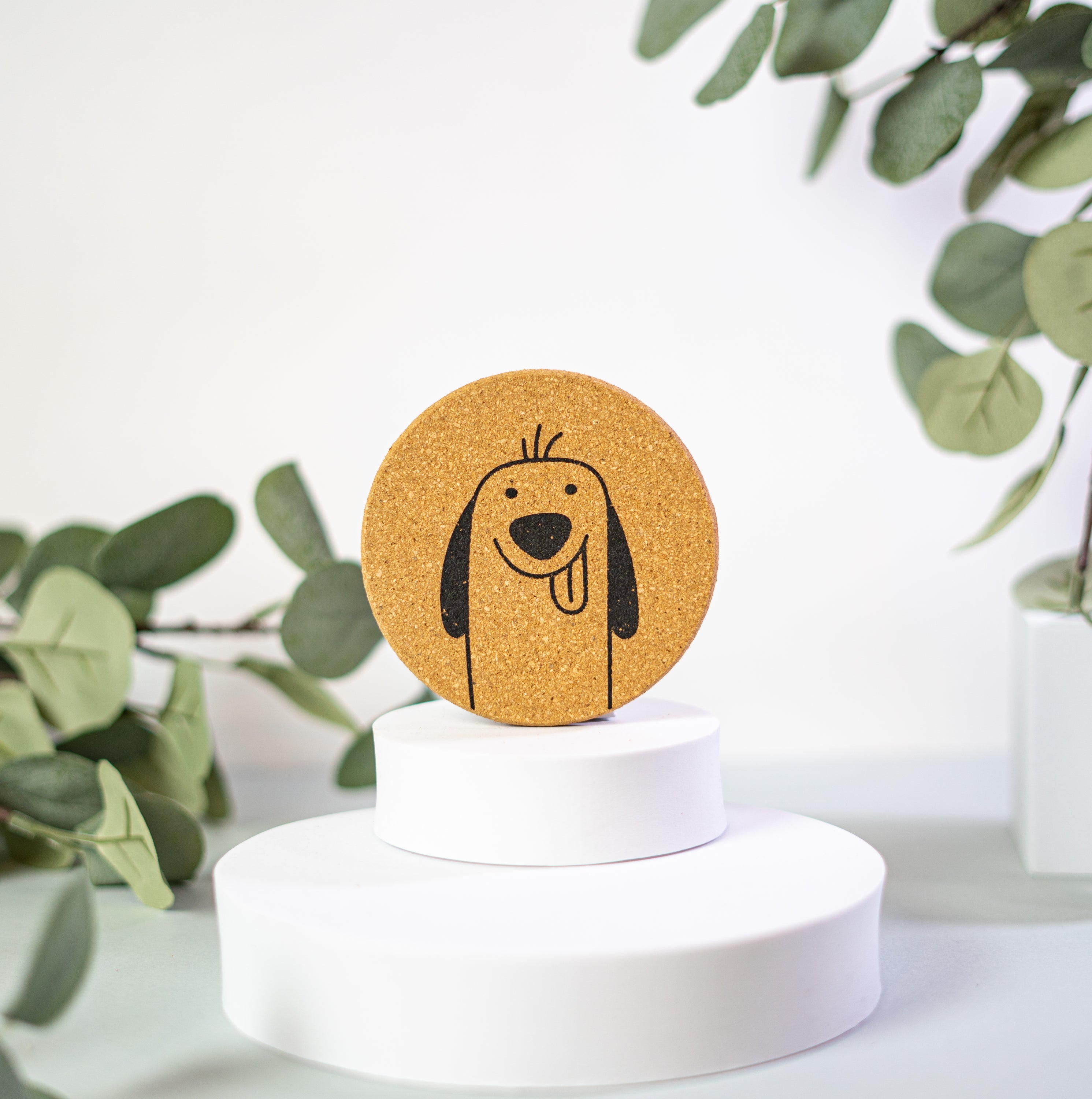 Set of 6 round cork coasters featuring cute dog designs including Saint Bernards, Labrador Retrievers, and more.