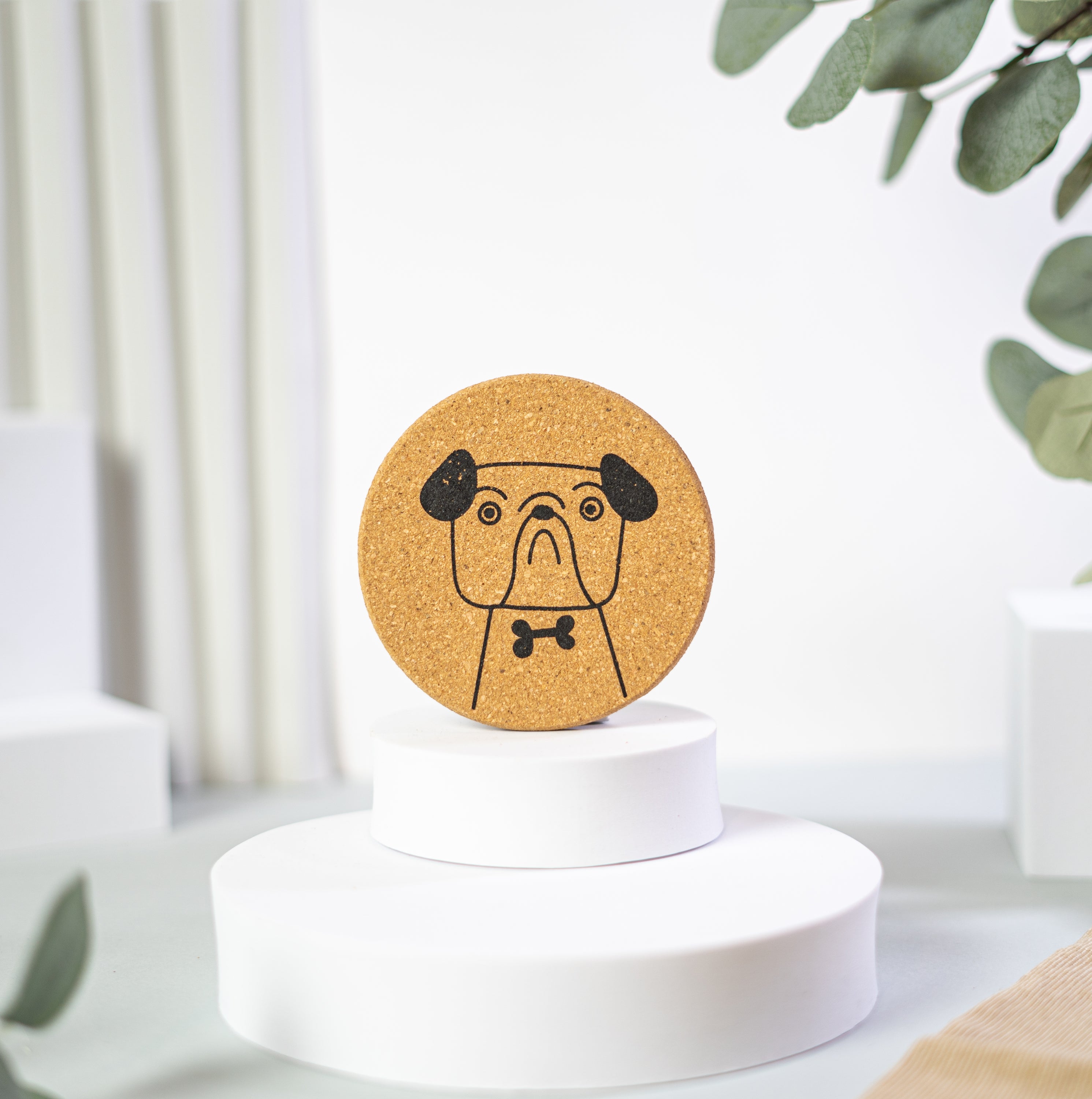Set of 6 round cork coasters featuring cute dog designs including Saint Bernards, Labrador Retrievers, and more.