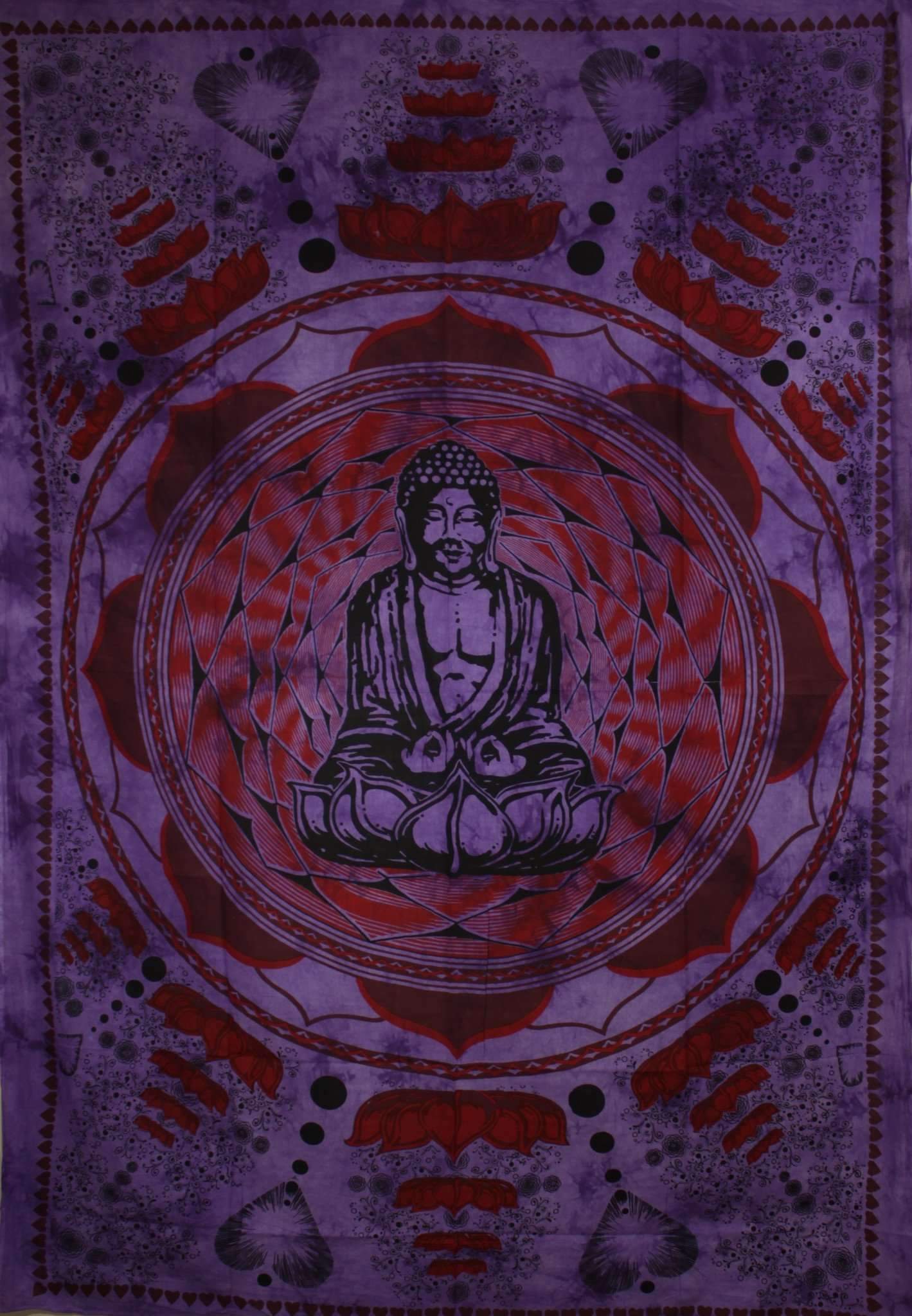 Purple Buddha tapestry depicting Dharma Chakra Mudra surrounded by lotus flowers, symbolizing peace and enlightenment.