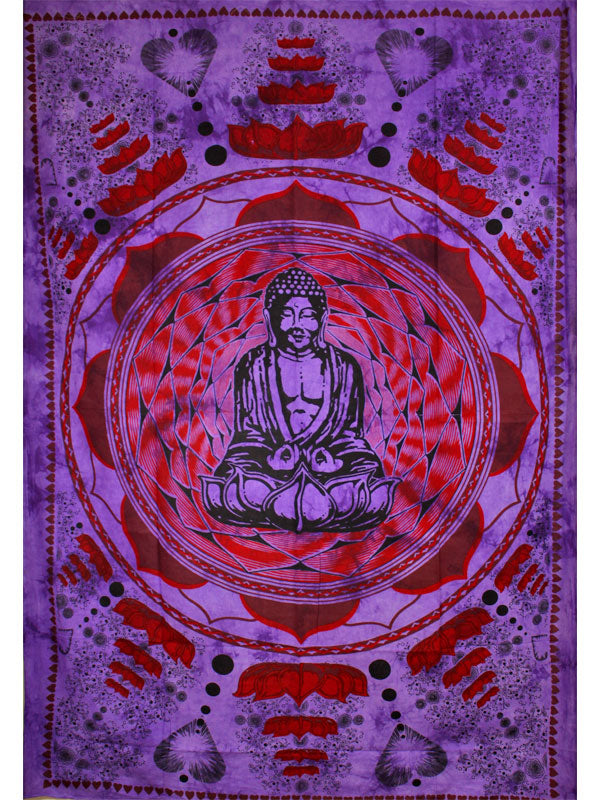 Purple Buddha tapestry depicting Dharma Chakra Mudra surrounded by lotus flowers, symbolizing peace and enlightenment.
