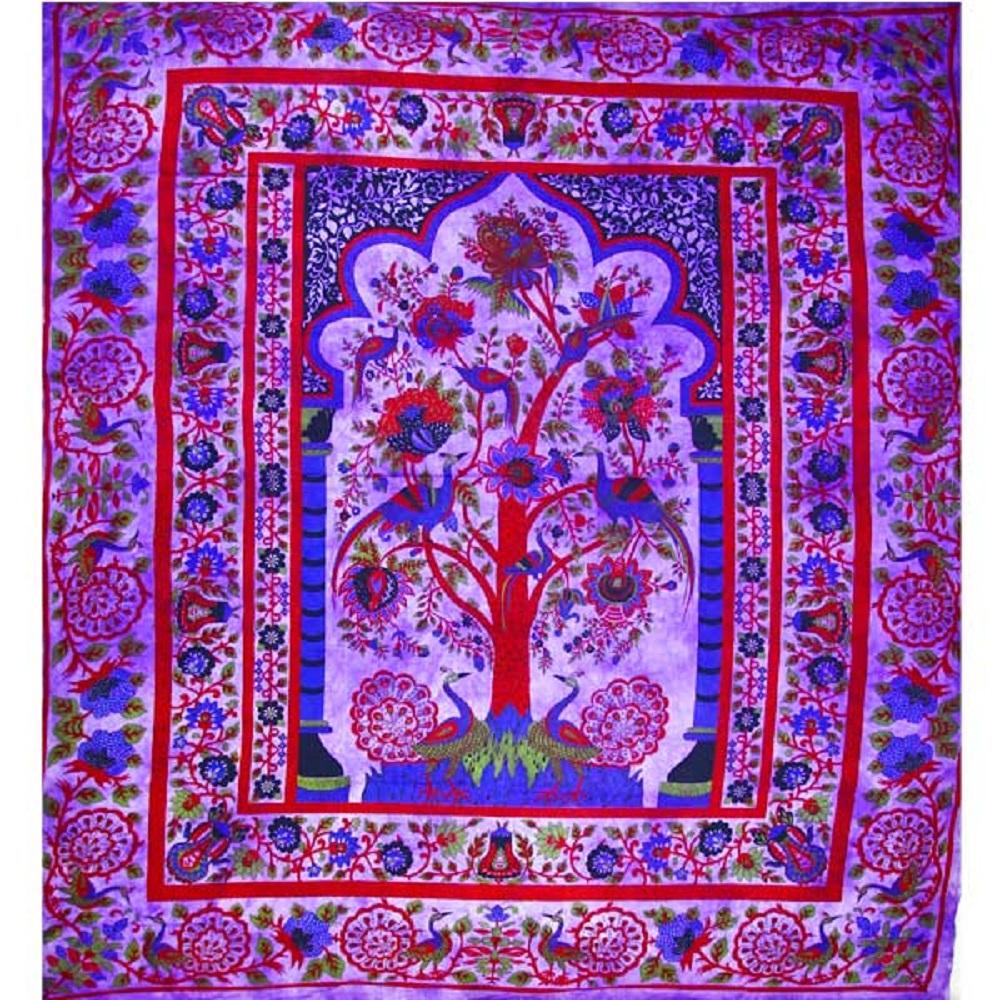 A vibrant Purple Tree of Life tapestry featuring intricate floral designs and peacocks, perfect for wall art or decorative use.