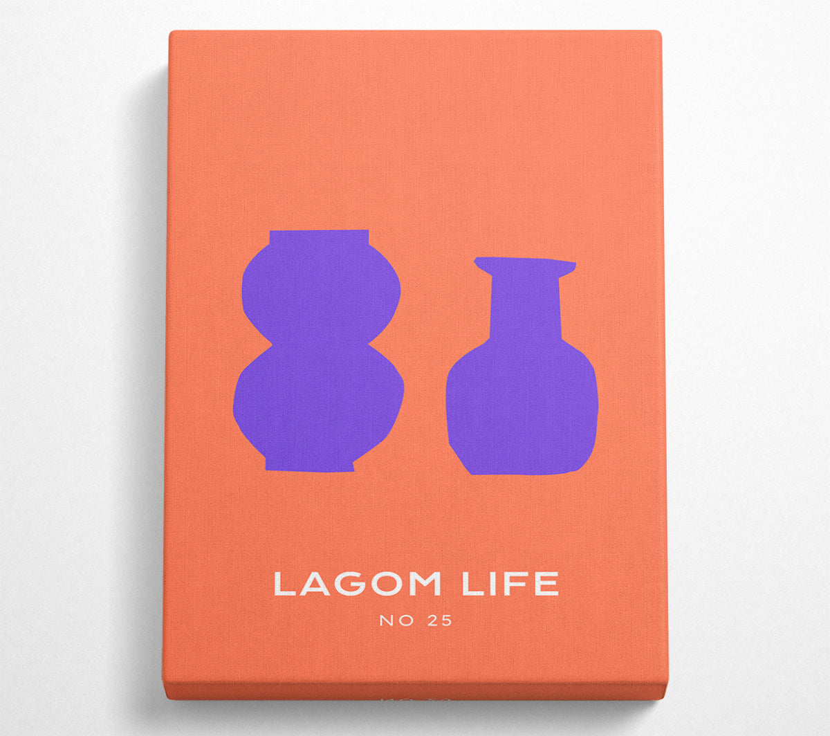 A vibrant artwork featuring purple vases set against a bright orange background, mounted on a sturdy box frame.