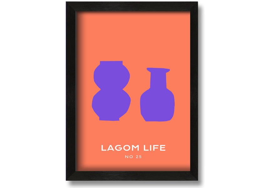 A vibrant framed print featuring purple vases on an orange background, showcasing a modern artistic design.