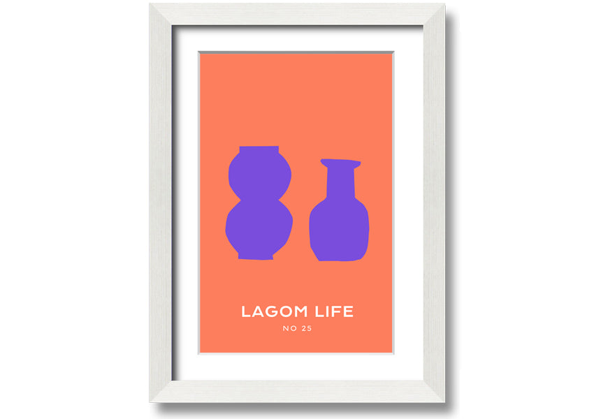 A vibrant framed print featuring purple vases on an orange background, showcasing a modern artistic design.