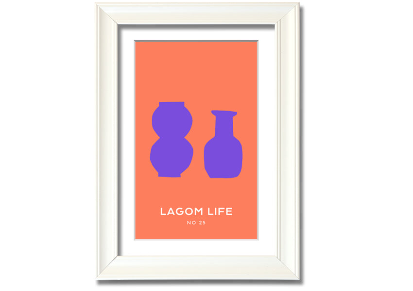 A vibrant framed print featuring purple vases on an orange background, showcasing a modern artistic design.